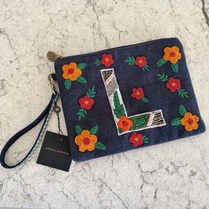 America & Beyond beaded Navy Floral “L” Clutch NEW